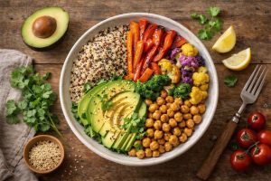 Bol de cuisine végétarienne coloré et équilibré