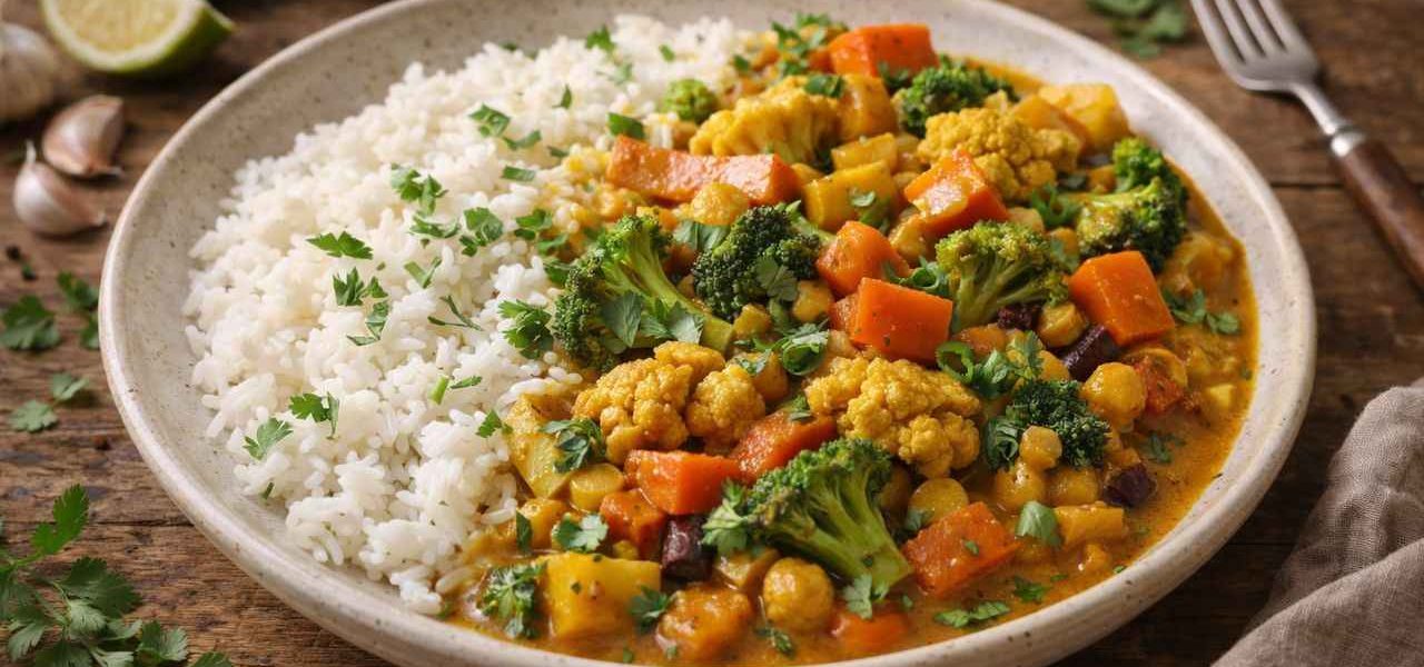 Curry de légumes dans une assiette avec du riz