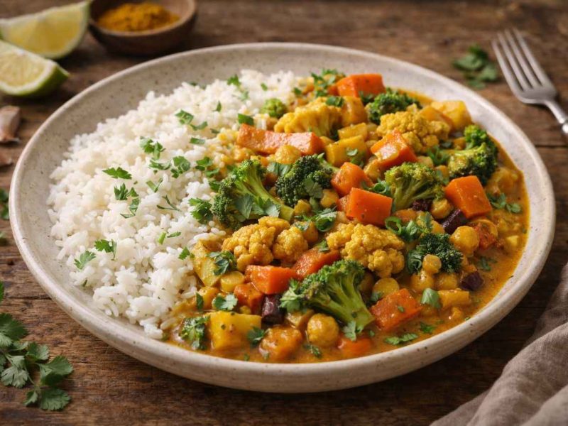 Curry de légumes dans une assiette avec du riz