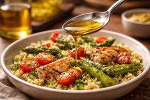 Cuillère remplie d'huile de colza au-dessus d'un plat préparé