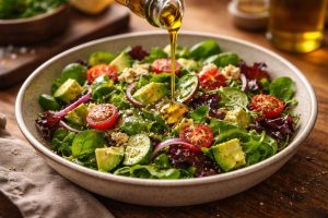 Filet d'huile d'olive versé sur une salade fraîche