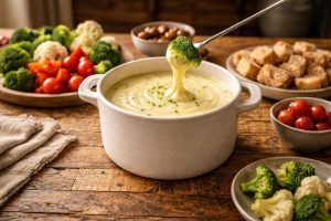 Fondue végétale crémeuse servie avec légumes