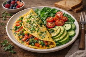 Régime 1200 calories : petit-déjeuner sain avec omelette et légumes frais