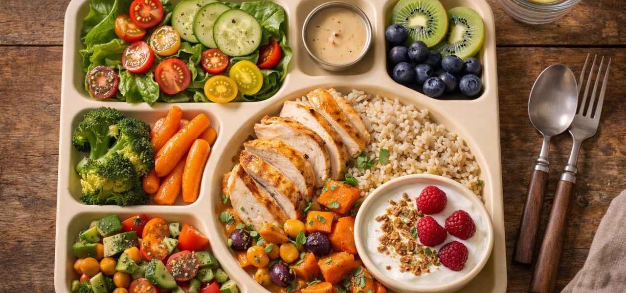 Régime 1200 calories : plateau-repas équilibré avec des aliments variés et colorés