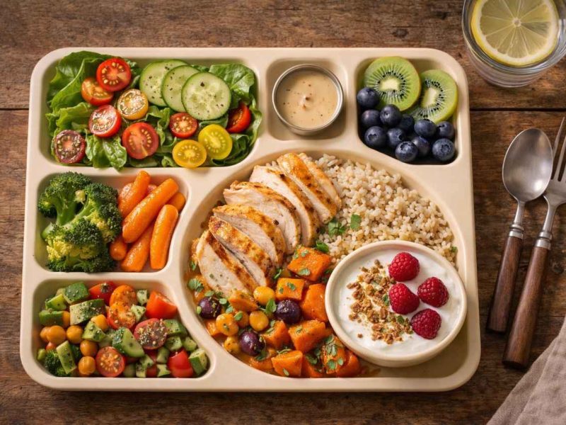 Régime 1200 calories : plateau-repas équilibré avec des aliments variés et colorés