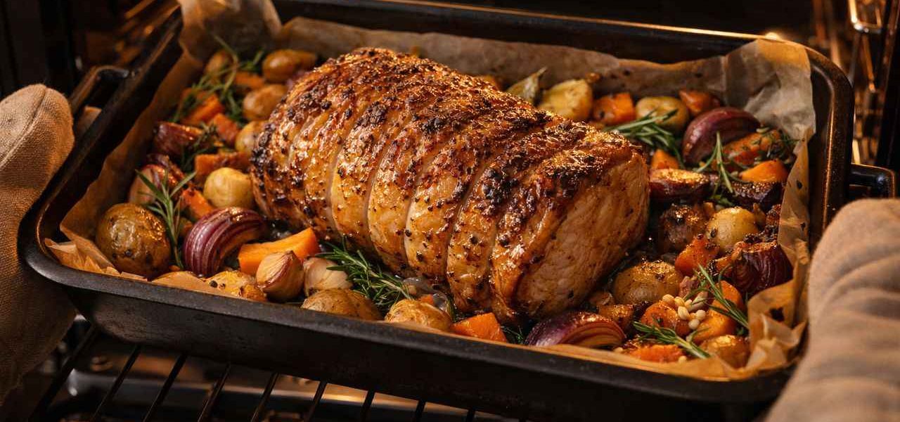 Rôti de porc en cuisson lente avec légumes rôtis