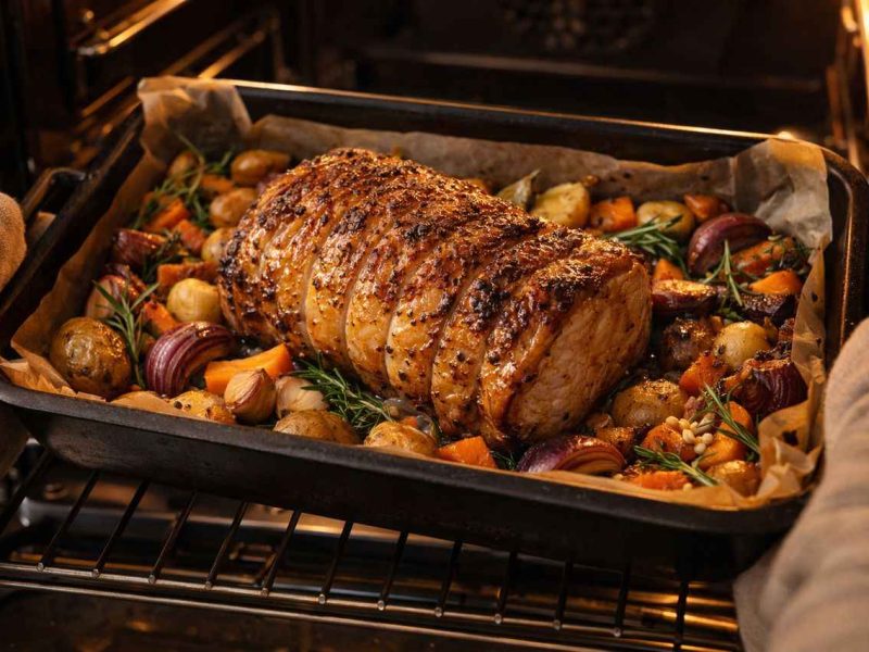 Rôti de porc en cuisson lente avec légumes rôtis